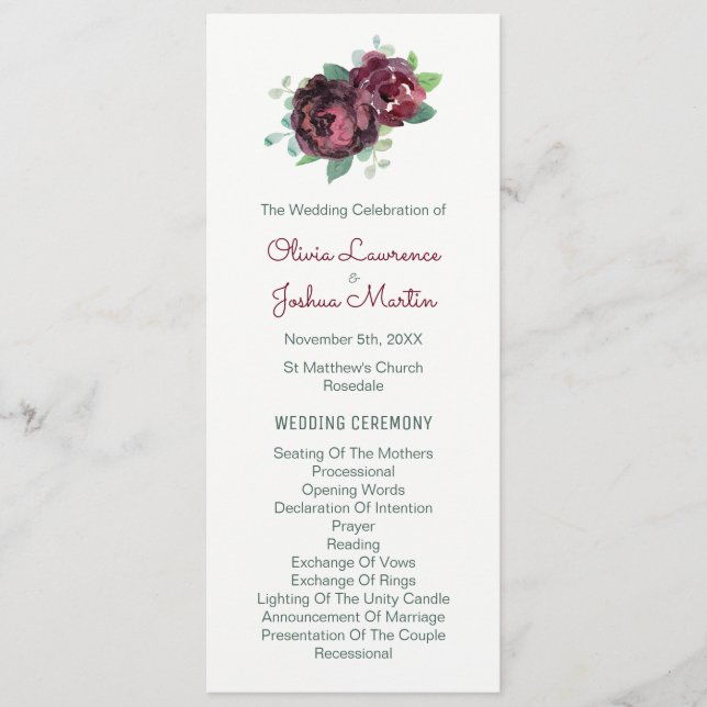 Burgundy Roses Watercolor Wedding Programs (Front)