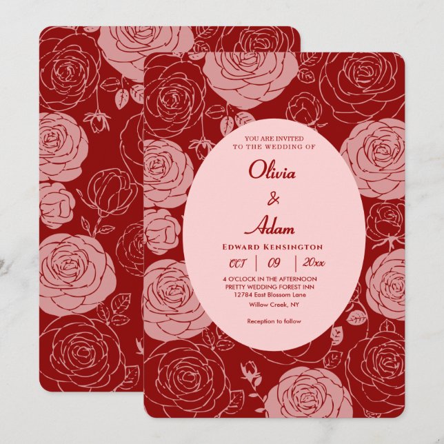 Burgundy Roses Wedding Invitation (Front/Back)