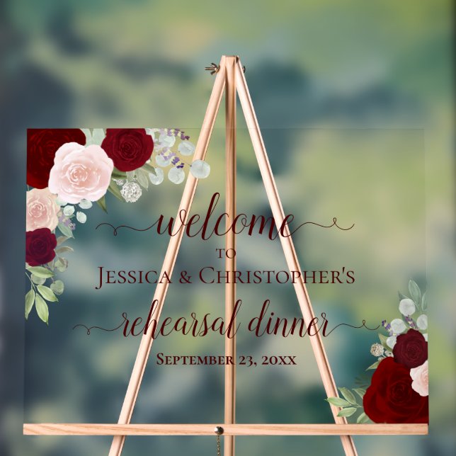 Burgundy Roses Wedding Rehearsal Dinner Welcome Acrylic Sign (Neutral)
