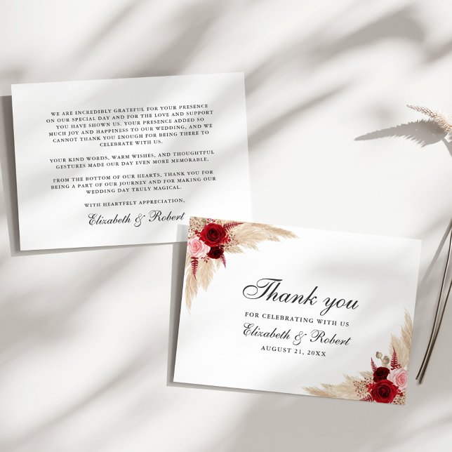 Burgundy Roses Wedding Thank You Card (Burgundy Roses Wedding Thank You Card on a sunny white table.)