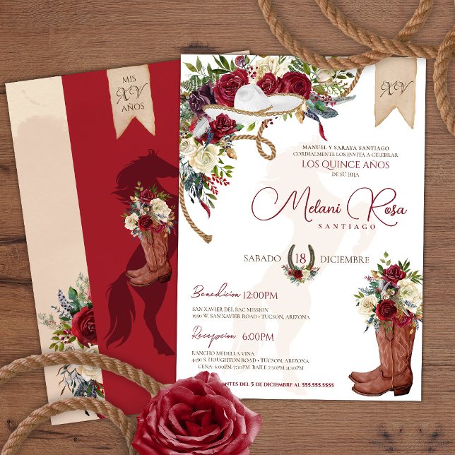 Burgundy Roses Western Charro Spanish Quinceañera Invitation (Creator Uploaded)
