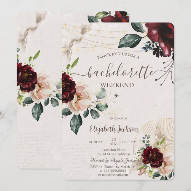 Burgundy Roses,Wine Glass,Bachelorette Party Invitation (Front/Back)