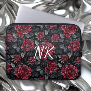 Burgundy Roses with Black Background Monogrammed Laptop Sleeve