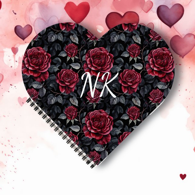 Burgundy Roses with Black Background Monogrammed Notebook (Creator Uploaded)