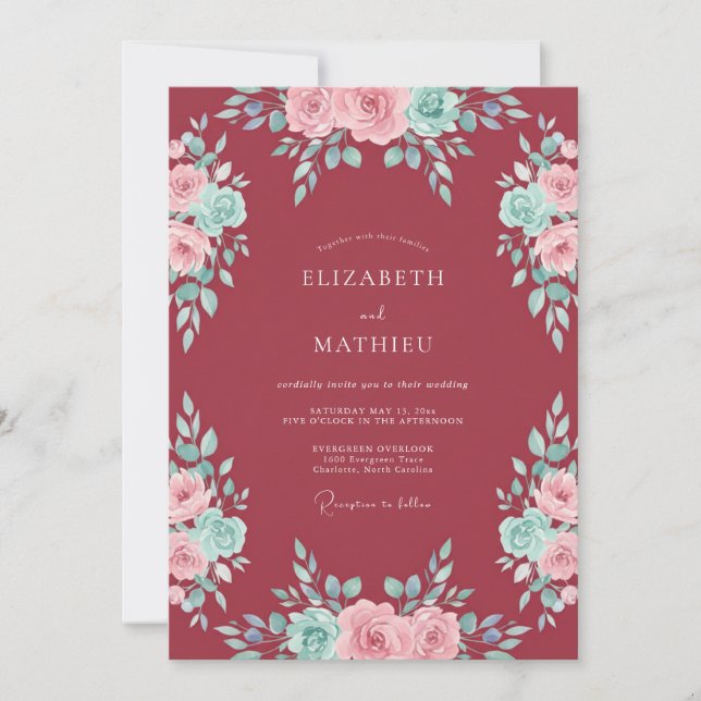 Burgundy Rosy Bloom Wedding Invitation (Front)