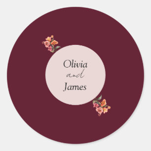 Burgundy Round Floral Wedding Envelope Sticker