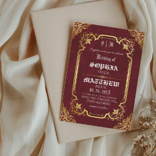 Burgundy Royal Mediaeval Gold Wedding Invitation