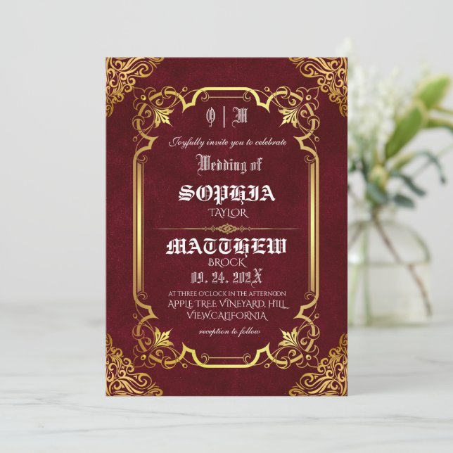 Burgundy Royal Medieval Gold Wedding Invitation (Standing Front)