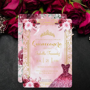 Burgundy Royal Pink Rose Glitter Dress Quinceanera Invitation