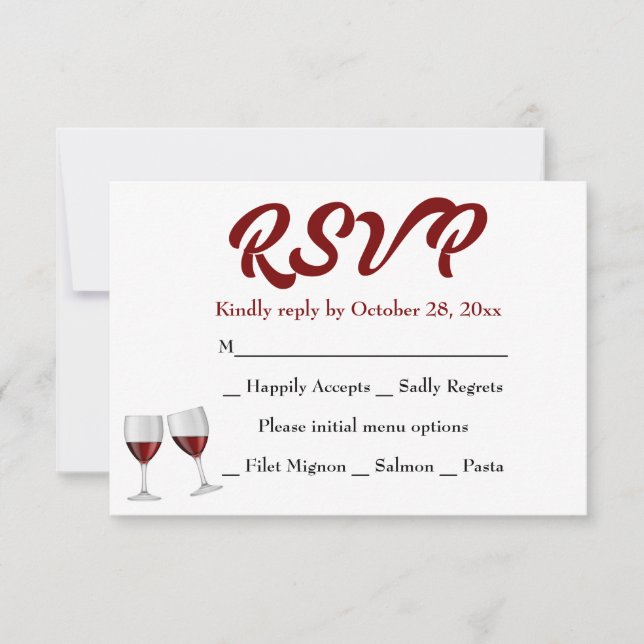 Burgundy RSVP Champagne Wine Glasses Wedding Card (Front)