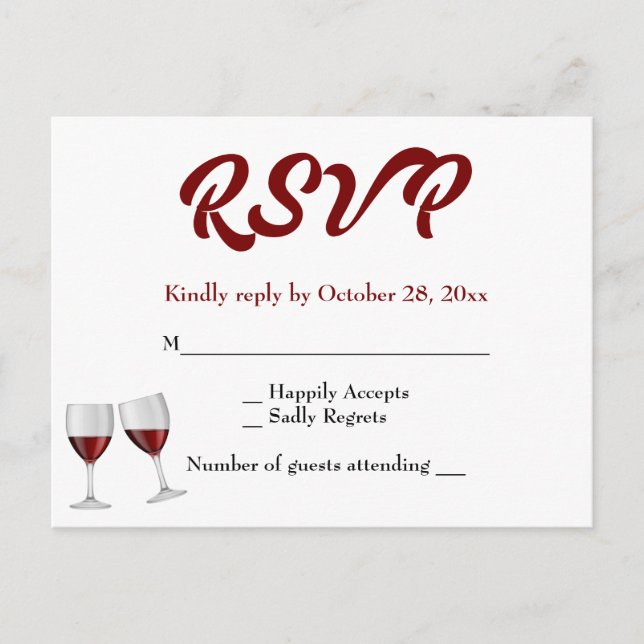 Burgundy RSVP Champagne Wine Glasses Wedding Invitation Postcard (Front)