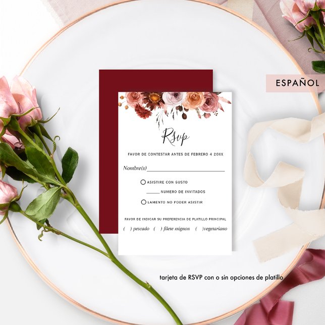 Burgundy, RSVP in Spanish, Burgundy Blush Floral Card (Creator Uploaded)
