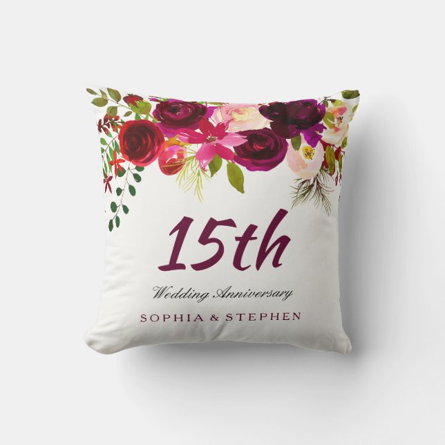Burgundy Ruby Red Floral 15th Wedding Anniversary Cushion (Front)