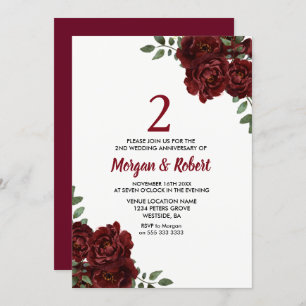 Burgundy Ruby Red Rose 2nd Wedding Anniversary Invitation