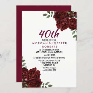 Burgundy Ruby Red Rose 40th Wedding Anniversary Invitation