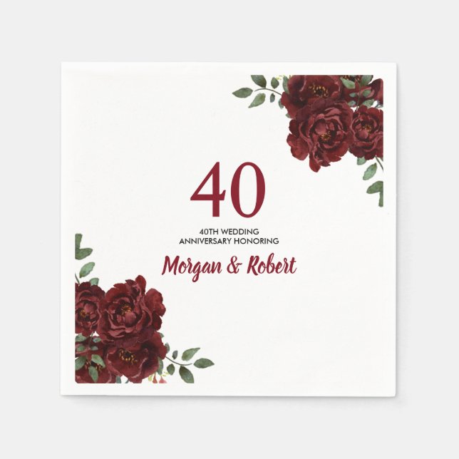 Burgundy Ruby Red Rose 40th Wedding Anniversary Napkin (Front)