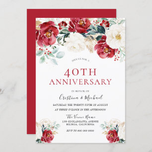 Burgundy Ruby Red White 40th Wedding Anniversary Invitation