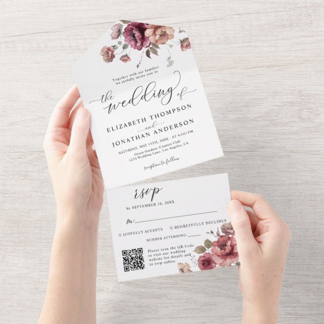 Burgundy Russet Floral Wedding Details QR RSVP All In One Invitation (Tearaway)