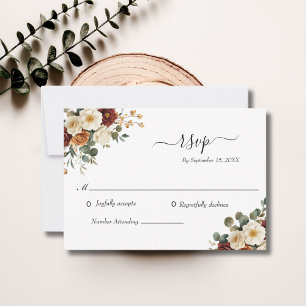 Burgundy Rust Cream Floral Elegant Wedding  RSVP Card