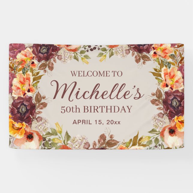 Burgundy Rust Orange Floral 50th Birthday Welcome Banner (Horizontal)