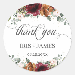 Burgundy Rust Orange Floral Gold Wedding Thank You Classic Round Sticker