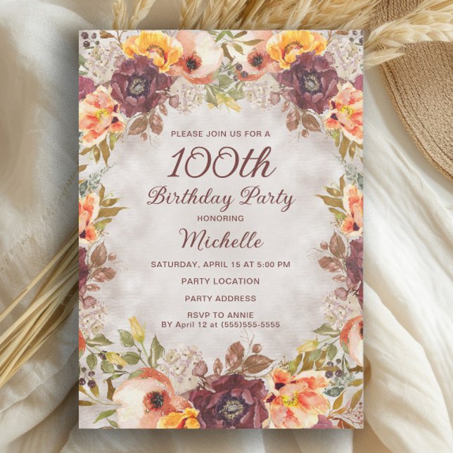 Burgundy Rust Orange Floral Women's 100th Birthday Invitation (Burgundy and burnt orange watercolor floral 100th birthday party invitation)