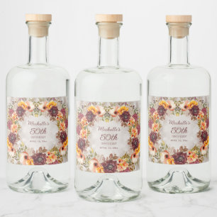 Burgundy Rust Orange Floral Women's 50th Birthday  Liquor Bottle Label