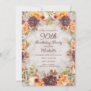 Burgundy Rust Orange Floral Women's 90th Birthday Invitation
