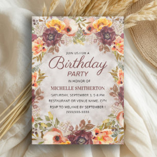 Burgundy Rust Orange Floral Women's Birthday  Invitation