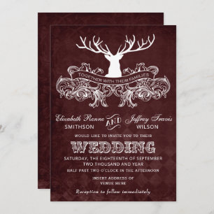 Burgundy Rustic Antler Deer Woodland Wedding Invitation