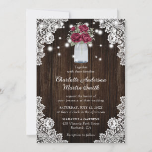 Burgundy Rustic Barn Wood Lights Floral Wedding Invitation