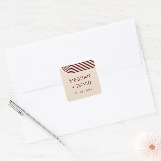 Burgundy Rustic Boho Arched Modern Wedding Square Sticker (Envelope)