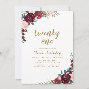 Burgundy rustic boho floral 21st birthday party invitation