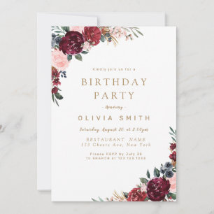 Burgundy rustic boho floral birthday party invitation
