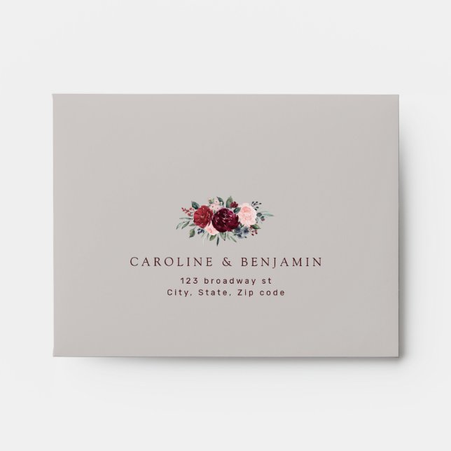 Burgundy rustic boho floral wedding RSVP Envelope (Front)