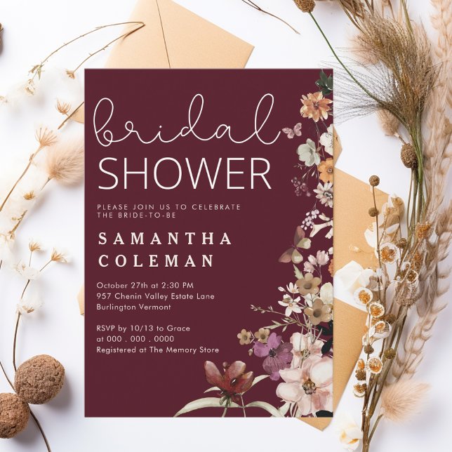 Burgundy Rustic Boho Wildfolwer Chic Bridal Shower Invitation (Creator Uploaded)