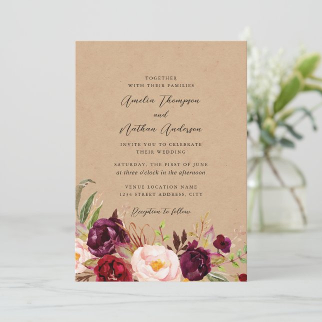 Burgundy Rustic Botanical Florals Wedding Invitation (Standing Front)