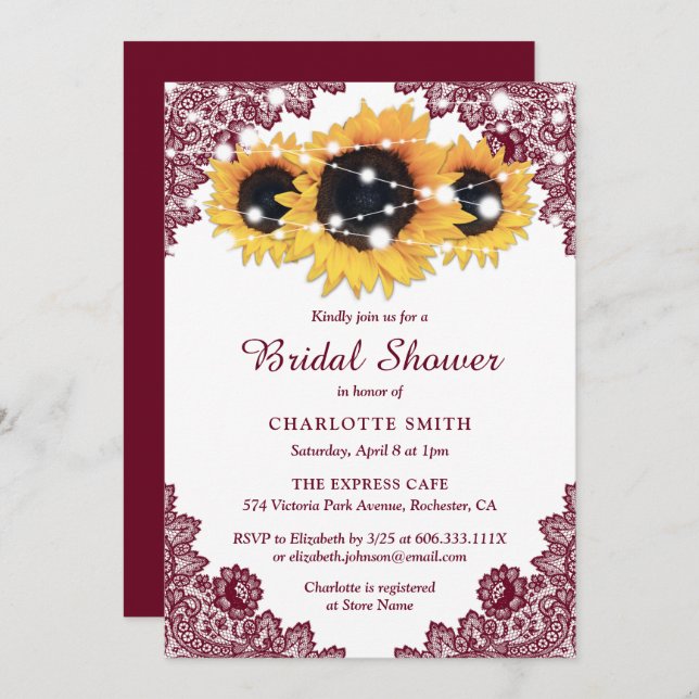 Burgundy Rustic Chic Lace Sunflower Bridal Shower Invitation (Front/Back)