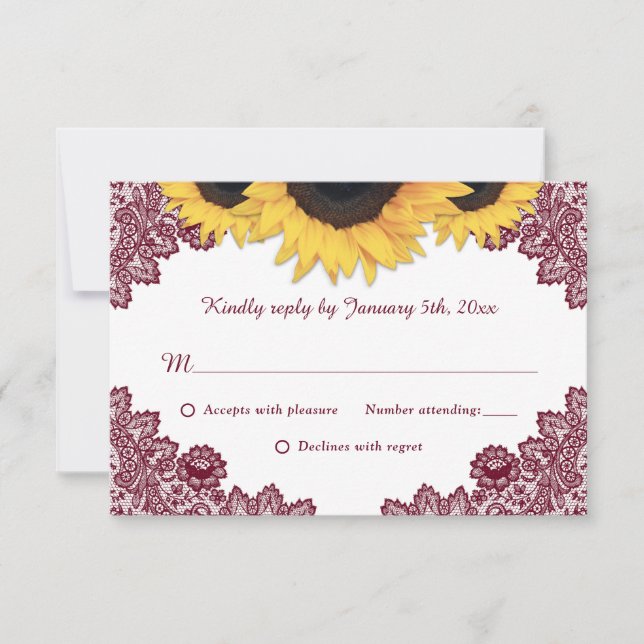 Burgundy Rustic Chic Lace Sunflower Wedding RSVP Card (Front)
