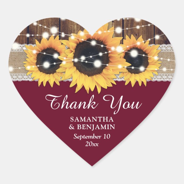 Burgundy Rustic Country Sunflower Wedding Favour Heart Sticker (Front)