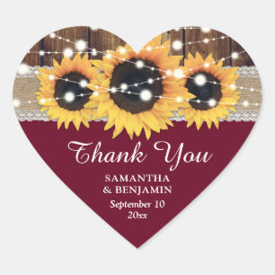 Burgundy Rustic Country Sunflower Wedding Favour Heart Sticker