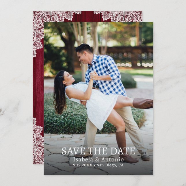 Burgundy Rustic Country Wood Lace Wedding Photo Save The Date (Front/Back)