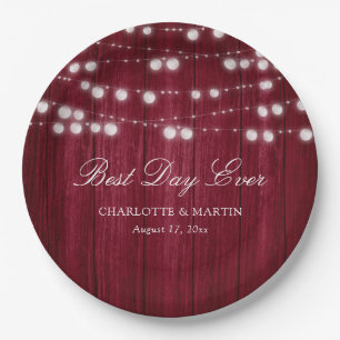 Burgundy Rustic Country Wood String Lights Wedding Paper Plate