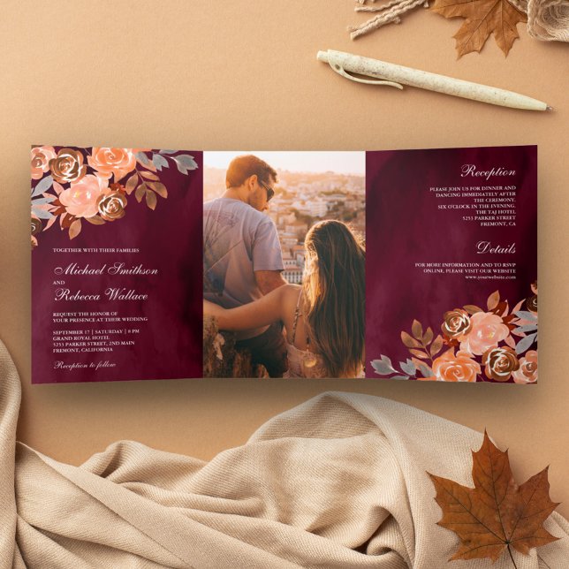 Burgundy Rustic Earthy Terracotta Floral Wedding Tri-Fold Invitation (Creator Uploaded)