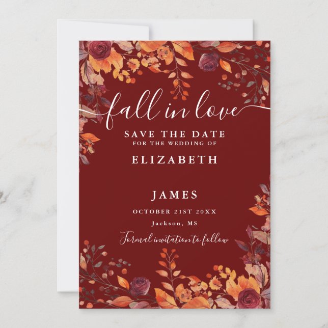 Burgundy Rustic Fall Autumnal Floral Wedding Save The Date (Front)