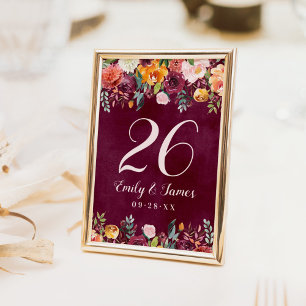 Burgundy Rustic Fall Floral Wedding Monogram Table Number
