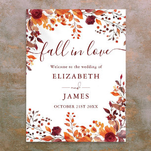 Burgundy Rustic Fall In Love Wedding Welcome Sign