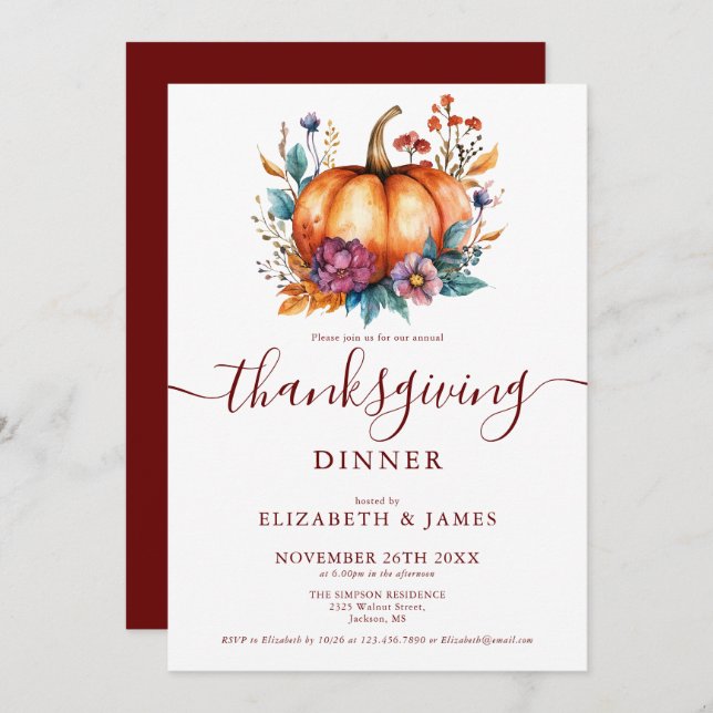 Burgundy Rustic Fall Pumpkin Thanksgiving Party Invitation (Front/Back)