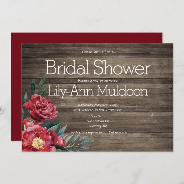 Burgundy Rustic Floral Barn Wood Bridal Shower Invitation (Front/Back)