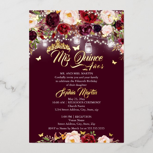 Burgundy Rustic Floral Butterfly Quinceanera (Front)